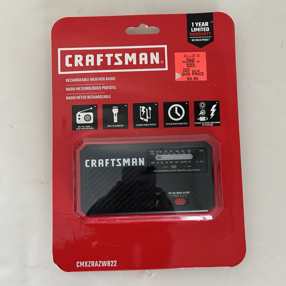 CRAFTSMAN Rechargeable Weather Radio AM/FM NOAA Alert Solar Hand Crank Flashligh